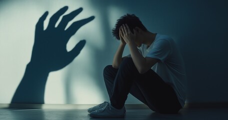 A dramatic representation of a man sitting in despair, overshadowed by a large, looming hand.