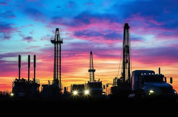 Obraz premium Multiple oil drilling rigs illuminated by a vibrant sunset, symbolizing energy production.