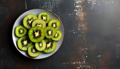 Vibrant Kiwi Fruit Arrangement on Table with Vertical Layout and Space for Text