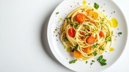 A top-down view of spaghetti primavera with colorful vegetables, fresh herbs, and olive oil, arranged on a white plate against a clean white background.