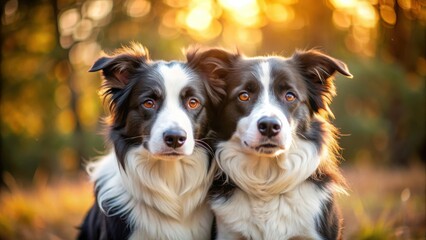Fototapeta premium Two border collies hugging each other while on a walk in the nature, perfect for Valentine's Day
