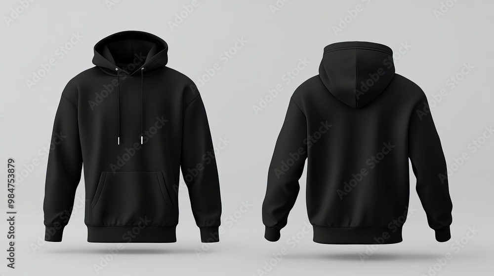 Poster blank black hoodie with hood mockup a 3d rendering of a crewneck hoodie displayed from front and bac