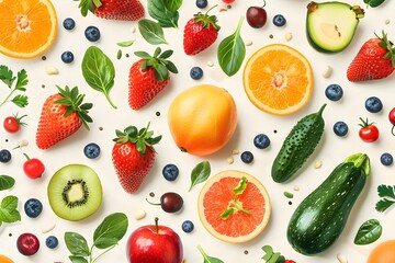 Naklejka premium Vibrant Assortment of Fresh Fruits and Vegetables on a Light Background