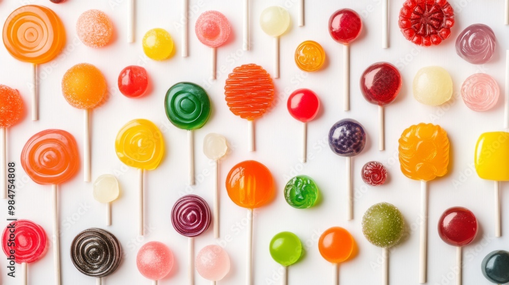Leinwandbilder a vibrant array of colorful lollipops arranged in a whimsical pattern on a white background, showcas