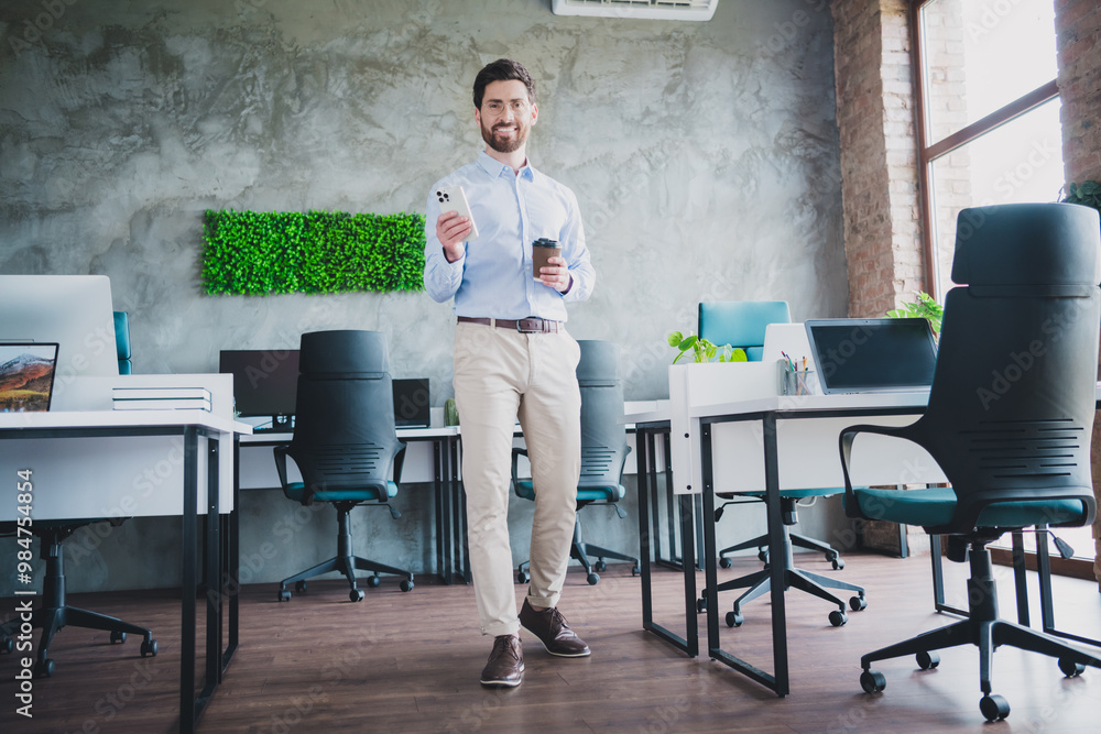 Poster full body portrait of elegant corporate worker man phone coffee wear shirt loft interior business ce