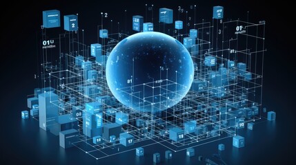 Fototapeta premium A glowing blue sphere surrounded by a complex network of interconnected cubes and lines, representing data, technology, and connectivity.
