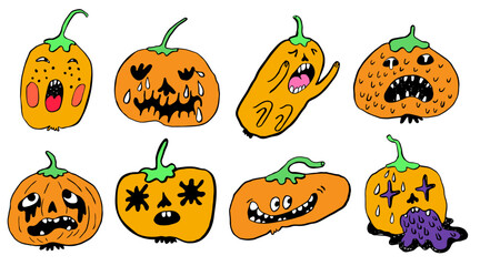 creepy minimalistic pumpkins characters set for halloween in vector. objects for stickers avatar decoration postcard poster print logo icon mascot