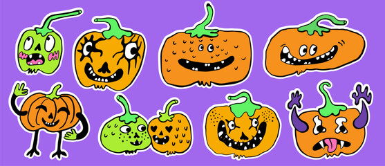 Obraz premium creepy minimalistic pumpkins characters set for halloween in vector. objects for stickers avatar decoration postcard poster print logo icon mascot