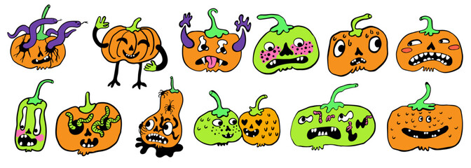 creepy minimalistic pumpkins characters set for halloween in vector. objects for stickers avatar decoration postcard poster print logo icon mascot