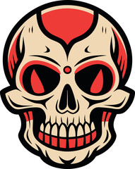 Obraz premium A detailed skull featuring bright red eyes, prominently displayed on a clean white background for dramatic effect