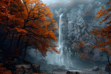 Enchanting Autumn Waterfall Surrounded by Vibrant Orange Foliage