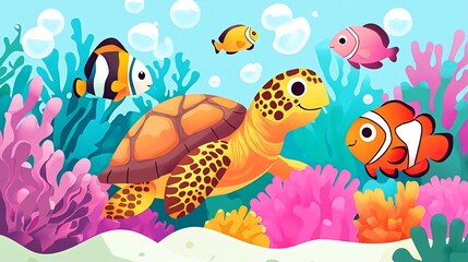 A cartoon sea turtle swims happily among colorful coral and fish.
