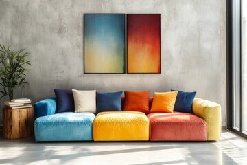 This modern living room showcases a vibrant, multicolored sofa against a sleek concrete wall, embodying minimalist design that prioritizes simplicity and functionality for enhanced aesthetic appeal
