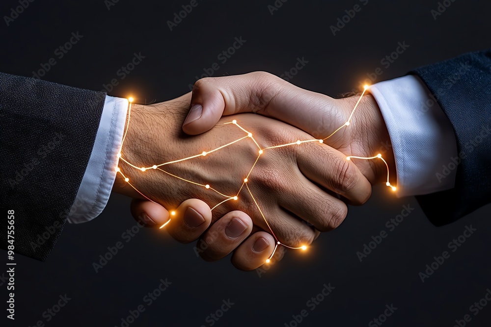 Poster abstract hands shaking, with glowing lines connecting them, symbolizing trust and a positive busines