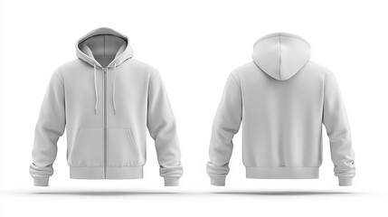 Blank hooded sweatshirt mockup with a zipper A front and back view of a hoodie with a zipper closure isolated on a white background 3D rendered illustration