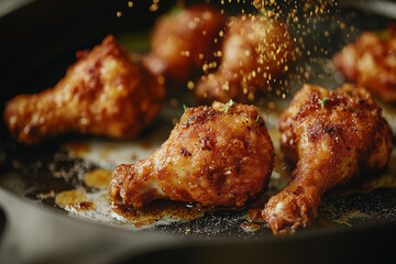 Hot fried chicken drumstick with spice seasoning and vegetable sprinkle, Crispy golden fried chicken for commercial.