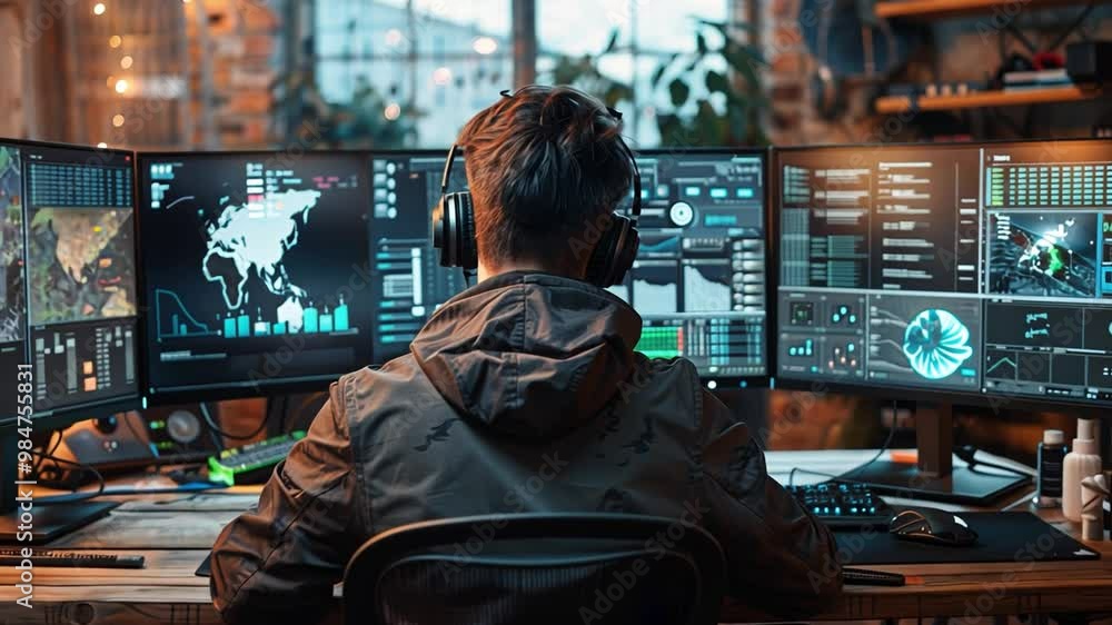 Poster A person is intently focused on several computer screens displaying data, maps, and graphics, surrounded by a warm and inviting workspace atmosphere.