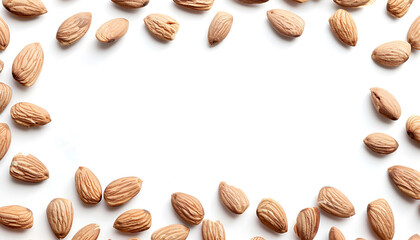 Obraz premium Frame made of organic almond nuts on white background. Space for text