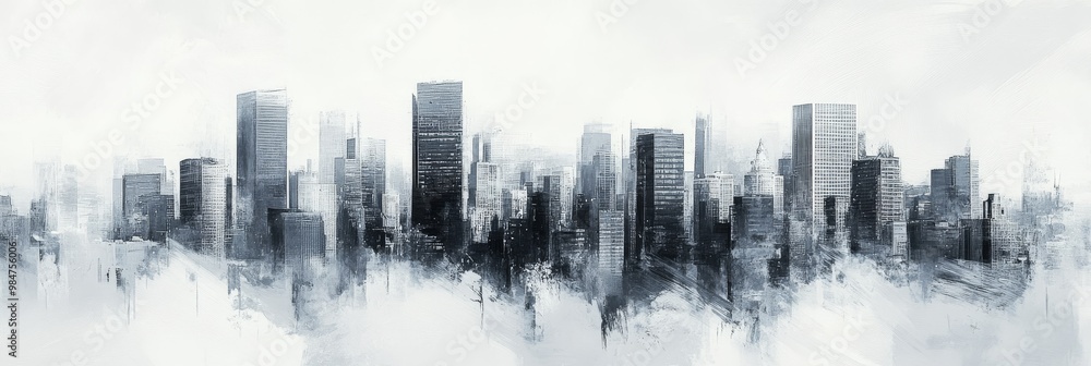 Poster this abstract artwork of a vibrant city skyline features highrise buildings in grey and black, refle
