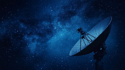 A silhouette of a satellite dish against a dark starry sky.