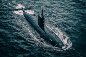 Selective focus black submarine on the surface of the ocean, Aerial view of underwater warship in the ocean with dark vibe.
