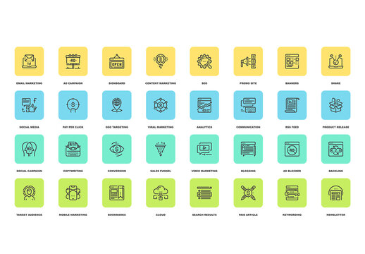 Vector set of digital marketing flat line web icons. Each icon with adjustable strokes neatly designed on pixel perfect 48X48 size grid. Fully editable and easy to use.