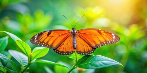 Vibrant orange butterfly on blurred green nature background in garden with copy space