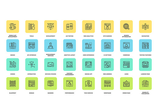 Vector set of web design and development flat line web icons. Each icon with adjustable strokes neatly designed on pixel perfect 48X48 size grid. Fully editable and easy to use.