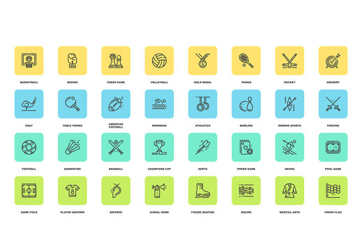 Vector set of professional sports flat line web icons. Each icon with adjustable strokes neatly designed on pixel perfect 48X48 size grid. Fully editable and easy to use.