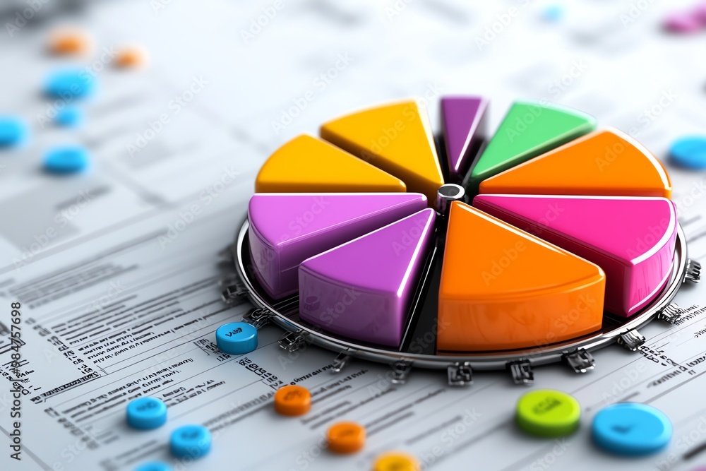 Poster abstract pie chart, with bold, vibrant segments representing different areas of business analytics