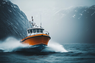 Fototapeta premium Fisherman boat in the ocean with high tide wave, Selective focus local fisherman boat.