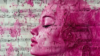 Minimalist Painting of Woman's Face Close-up with Old Antique Paper Background with Manuscript and Musical Scores, Pink, Abstract, Texture, Pattern Background, Wallpaper, Cover and Screen of Smartphon