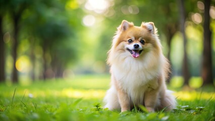 Adorable pomeranian dog peeing in the park with a cute expression