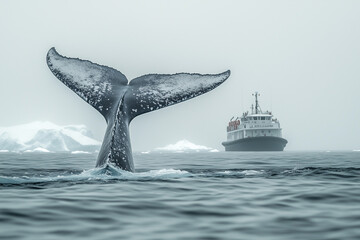 Fototapeta premium Blue whale jumping out of water near the fisherman boat, Selective focus whale in the ocean, Cruise tour with sea creature.