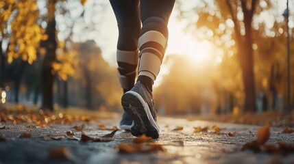 Knee pain and orthopedic braces, showing a person wearing a knee brace for support while walking