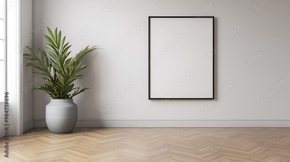 Wall mural 3d render modern interiors empty room .plant vase. floor parquet. photo frame , isolated on white or