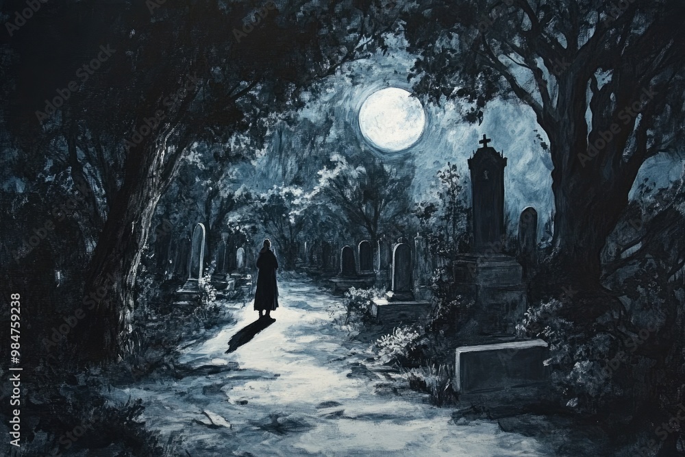 Sticker A lone figure walking through a graveyard illuminated by a full moon.