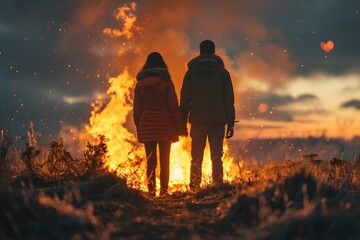 Fototapeta premium A Romantic Evening by the Fire: A Couple Embracing the Warmth of Flames at Dusk