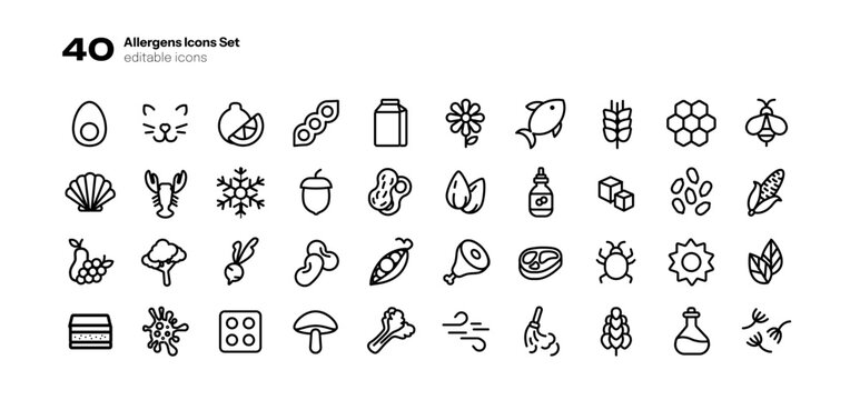 40 Icons Allergens Set Minimal Line Vector 