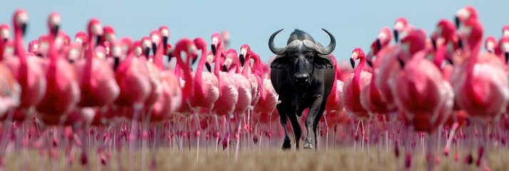 A buffalo walks through a flock of flamingos in a vibrant wetlands habitat during daylight