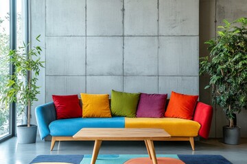 This minimalist interior features a multicolored sofa, a stylish wooden coffee table, and lush green plants, creating a vibrant atmosphere against a contemporary concrete backdrop