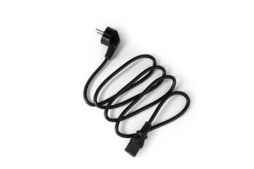 Black power cord on a computer on the white