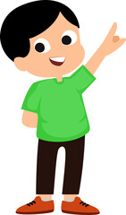 happy cute kid boy with pointing finger on white background