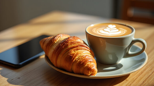 Morning Coffee with Croissant and Smartphone