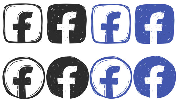 Facebook hand drawn sketch set or social media scribble logos vector illustration.