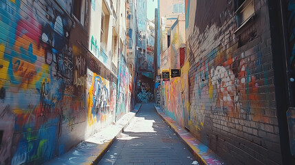 Fototapeta premium Colorful graffiti art lines the walls of a narrow alleyway in the city. Graffiti Alley. Illustration