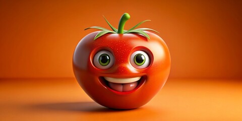 3D Render of a Smiling Tomato on Orange Background, 3D rendering, cartoon ,tomato