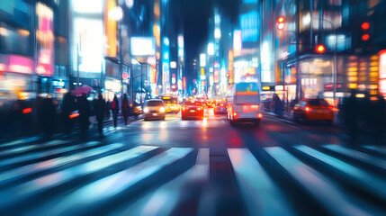 Fototapeta premium Blurry night city street. Busy Crosswalk. Illustration