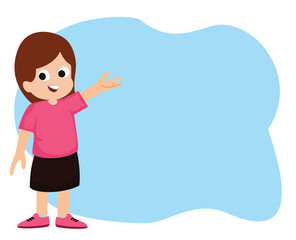 happy cute kid girl with pointing finger at the blank background