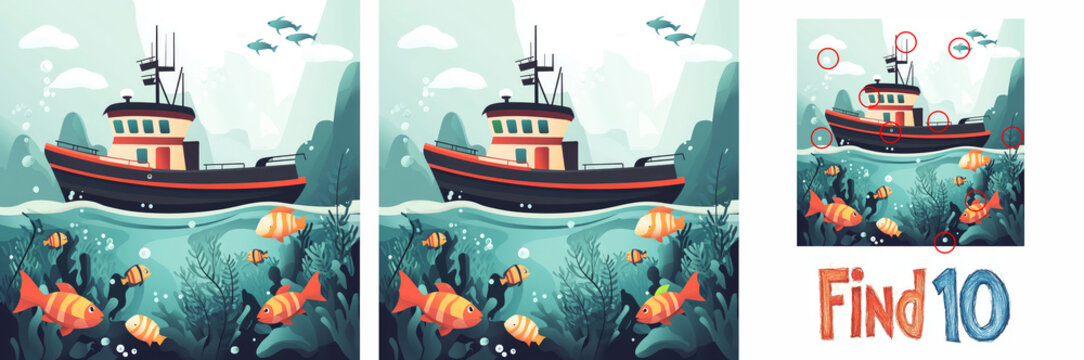 Underwater world, boat, ocean, seaweed and fish. Child educational task. Teaching attentiveness. Find 10 differences, flat illustration.